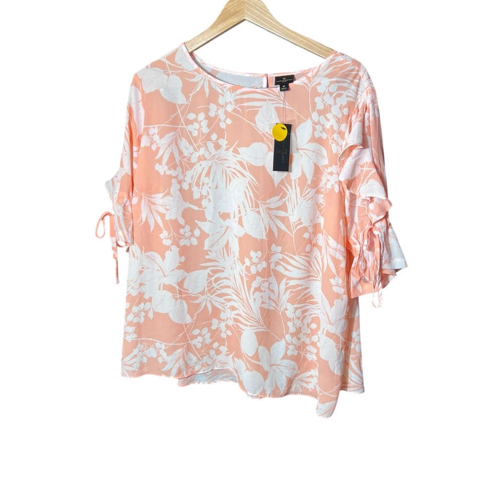 Worthington Blouse Coral‎ and White Floral Blouse Adjustable Sleeves 1X NWT